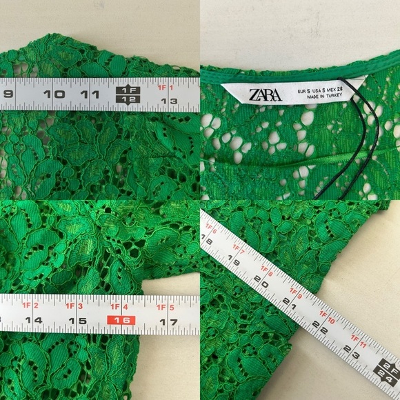 Zara Lace V-Neck Top Short Sleeve Rhinestone Button Blouse Green Size Small NWT - Picture 12 of 16